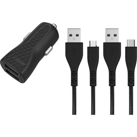 Energizer HardCase - Chargeur de voiture 2 ports USB-A 2,4 A + câble USB-C et micro USB (noir) (1/4)
