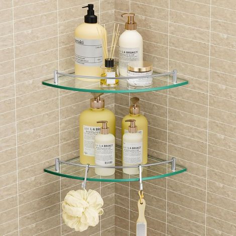 Étagère Murale Étagère d'angle en Verre Étagère Salle de Bain Douche Tablette Étagère en Verre Trempé avec Porte Serviette 2 Pièces Acier Inoxydable SUS304 Brossée (1/5)