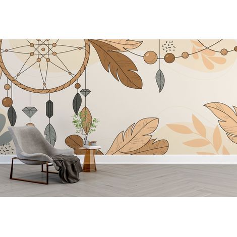 Papier peint boho - attrapes-rêves et feuillages dorés crème - 500 x 270 cm (1/2)