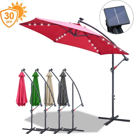 Parasol avec LED avec manivelle résistant aux intempéries 350 cm x 350 cm acier polyester rouge (1/5)