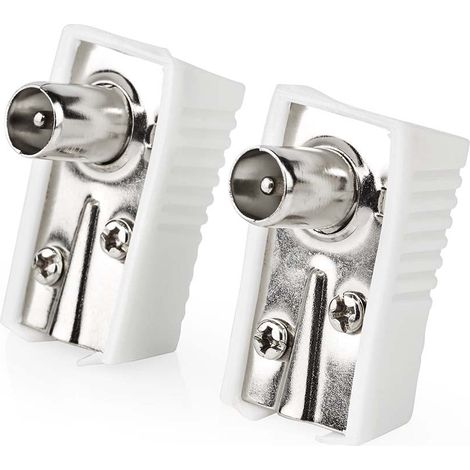 IEC (coaxial)  En ángulo  Masculino  Niquelado  75 ohmios  Tornillo  Diámetro de entrada del cable: 7,0 mm  Metal/PVC  Blanco  2 uds.  Caja