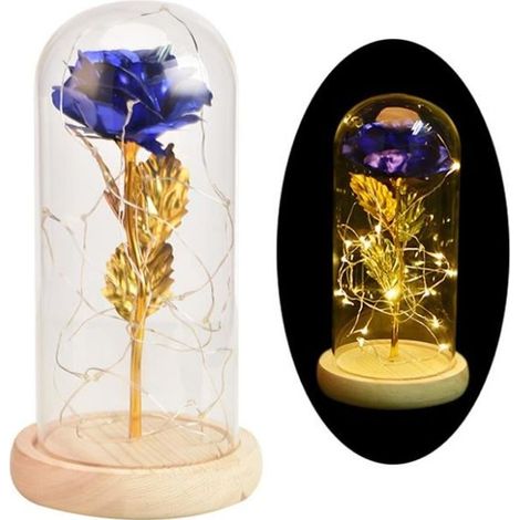 Rose éternelle romantique - ZGEER - Bleu - Verre, Bois, Plaqué Or 24K - LED - Décoratif (1/4)