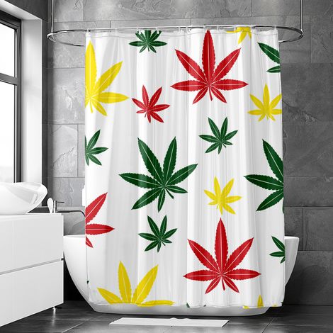 Rideau de douche motif feuilles chanvre modernes et décoratives, tissu salle de bain imperméable, 90x180 cm (1/5)