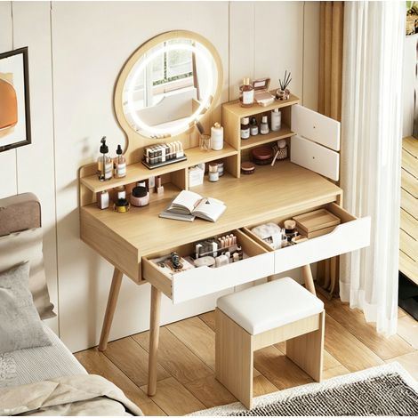 Muebles de tocador con espejo, LED y taburete, 2 cajones y 2 pequeños armarios, natural (1/5)