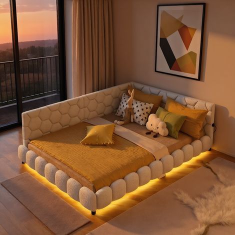Canapé-lit, Lit avec dossier, cadre de lit double avec LED et USB, lit 140x200 avec sommier, lit 2 Personnes, tête de lit rembourré, blanc (1/5)