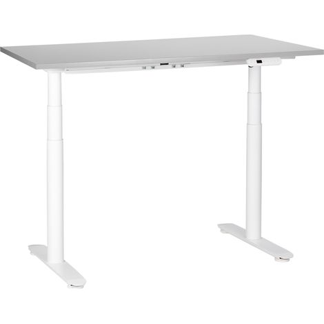 Escritorio de altura regulable eléctrico diseño moderno patas redondas 120 x 72 cm tablero gris soporte de acero blanco DESTINAS