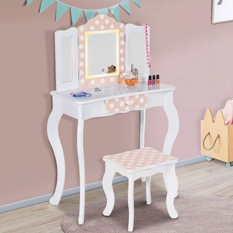 Tocador infantil ROZA LED blanco y rosa con 3 espejos y taburete
