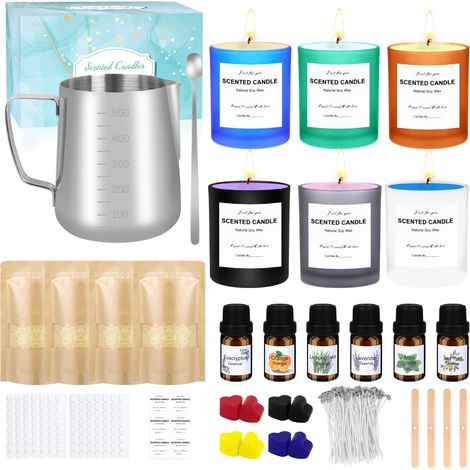 Kit de Fabrication Bougies, coffret cadeau parfumé 6 pots verre, 500g cire abeille, récipient chaleur, huiles essentielles, 8 colorants, cuillère, porte-mèche, mèches et papier slogans (1/5)
