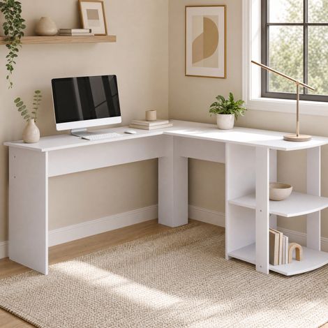 Escritorio Esquinero L 140x140 Cm Blanco, Tableros Melamina Resistentes Y Balda Integrada