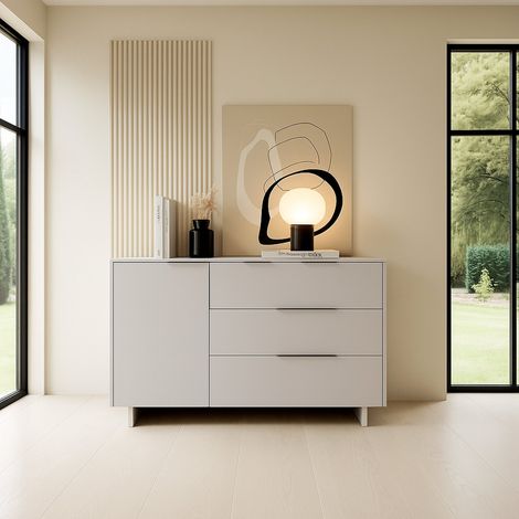 Credenza Rubiera, Madia da salotto con un'anta battente e tre cassetti, Rialzato da terra, 120x42 h90 cm, Beige (1/5)