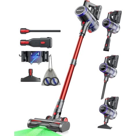 Aspirateur Balai sans Fil 55KPa/600W/70Min, Aspirateur sans Fil Aspirateur sans Fil avec Réservoir à Poussière de 1.6L, Filtration à 8 Couches, Brosse à Sol Anti-Tangle, Violet et Rouge (1/5)