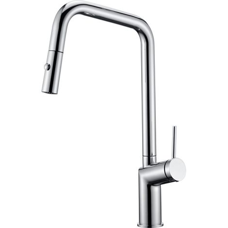 Mice - Robinet de cuisine - évier extractible avec douche à double jet - 2 modes de pulvérisation, bec haut pivotant à 360° Chromé (1/2)