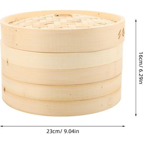 Vaporiera a due livelli da 25 cm con coperchio, utensile da cucina naturale e artigianale per dim sum, pollo, pesce e verdure. (1/4)