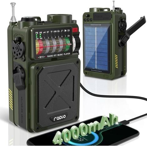 Radio solaire d'urgence AM/FM/SW avec Bluetooth, batterie externe rechargeable 4000 mAh, lampe torche, alarme SOS, prise casque, carte SD, USB, manivelle pour camping, randonnée, vert kaki (1/4)