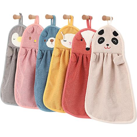 Toallas de mano absorbentes de microfibra para niños, juego de 6 piezas con bonitas presillas para colgar con forma de animales.