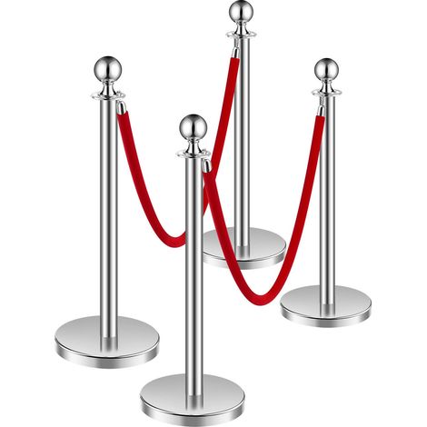 Poteau de délimitation, 4 pièces avec 2 cordes velours rouges, acier inoxydable argenté, 1,5 m, base creuse lestée de sable pour théâtre, fête, mariage, exposition (1/5)
