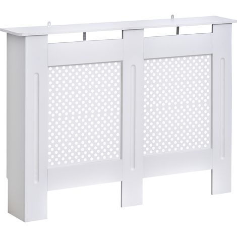Cache-radiateur blanc en MDF 111,5x19x82 cm avec étagère et lattes modernes, décoration intérieure design sobre pour salon pratique et fonctionnel