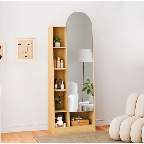 Garderobenschrank mit Spiegel aus MDF in Natur, 60 x 28 x 165 cm, mit verstellbaren Boeden und offenen Faechern (1/5)