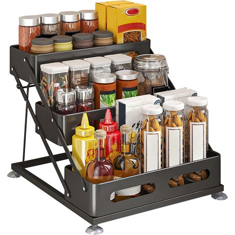 Étagère à épices en acier à 3 étages - Étagère de comptoir de cuisine - - grande capacité - NOIR - 30x34.5x27cm (1/5)