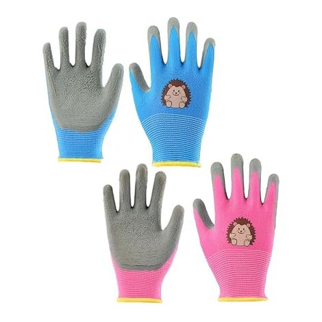 2 Pairs Garden Gloves Waterproof Garden Gloves with Polyester Latex Coating for 2-5 Years Old, Thick Gardening Gloves for Boys and Girls, Pink and Blue (1/5)
