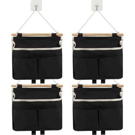 Sac de Rangement Suspendu - En Tissu Lin-Coton Imperméable avec Barres en Bois - Pour Porte ou Mur - Salon Chambre Salle de Bain - 4 Pièces (1/5)