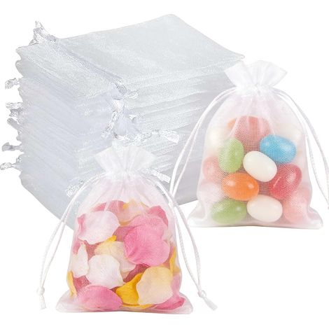 100 Pièces Sachets Organza Pochon Blanc, 13 x 18 cm Sachet organza Gift Bags Bijoux Sac, Sacs Organza avec Cordon de Serrage