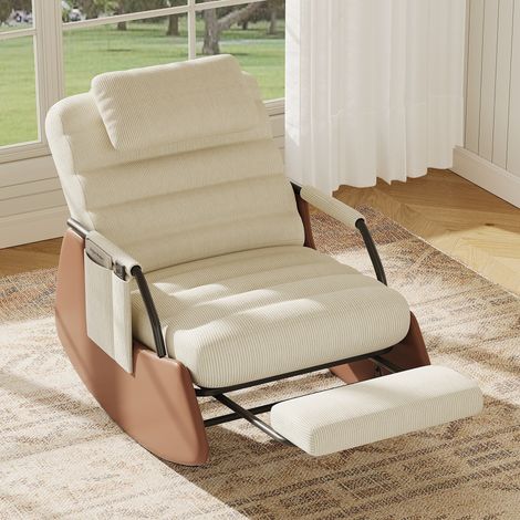 Skandinavischer Schaukelstuhl mit integrierter Fußstütze – 91,5 x 67 x 92 cm – Verstellbare Rückenlehne und Velours an den Seiten mit Kopfstütze – Beige