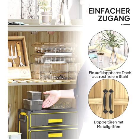 Armoire de jardin, rangement extérieur, plan de travail, bois et inox, double porte, bois naturel (1/5)
