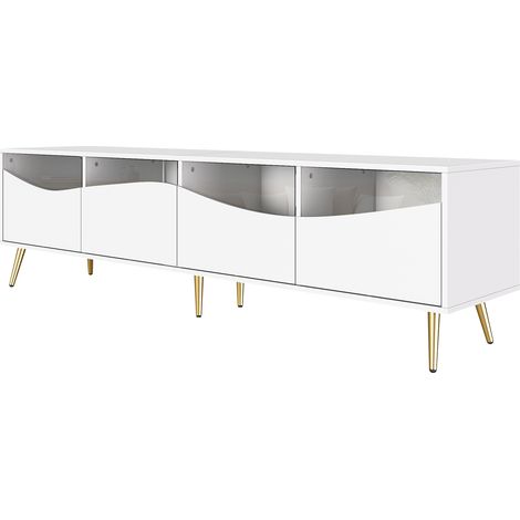 GagaMeuble TV LED 180 cm, blanc, pieds métal doré, façades verre (1/5)