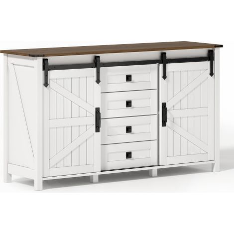 Buffet 137cm portes coulissantes 4 tiroirs vintage blanc rangement (1/5)