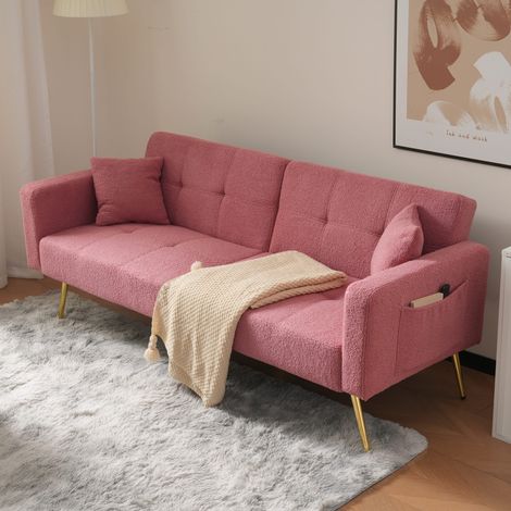 Divano trasformabile 175 cm, 2 posti, con schienale regolabile, funzione letto, cuscini, tasche laterali, piedi in metallo dorato, mobile soggiorno in sherpa - Rosa