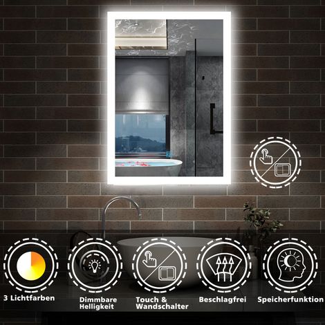 Badspiegel mit Beleuchtung Badezimmerspiegel Wandspiegel Wasserdicht Wandmontagespiegel Lichtspiegel 50 x 70 cm Beschlagfrei 3 Lichtfarben Dimmbar LED Memory Funktion (1/5)