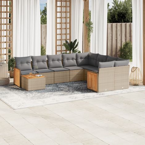 Ensemble Salon Jardin 10 Places Résine Tressée Beige avec Coussins Gris - Meuble Extérieur Modulaire avec Rangement et Table Acacia (1/3)