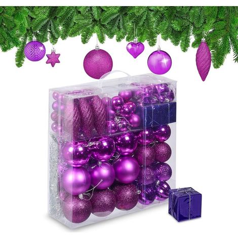 Boules de Noël, Lot de 110, en Plastique, D : 6 cm, décoration de Sapin, avec Guirlande, Rose Fuchsia (1/5)