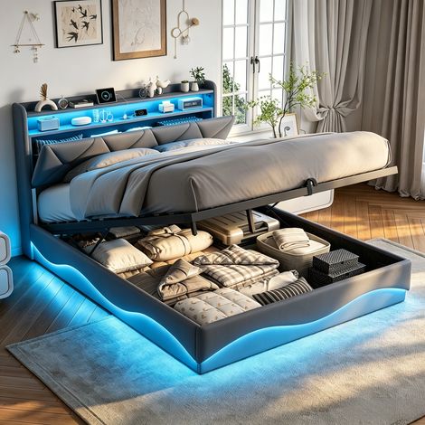 JOOKGBD–Letto a Contenitore 160x200 cm, Letto Matrimoniale Imbottito, Contenitore Idraulico, LED, USB, Testiera con Vano Portaoggetti, Rete a Doghe, Letto Giovanile, Rivestimento Velluto, Grigio