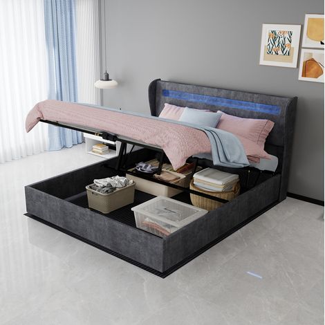 Polsterbett 160x200 cm aus Stoff und Metall in Grau mit LED, mit Matratze – MEUBLIV (1/5)