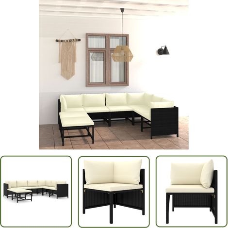 The Living Store 8-tlg. Garten-Lounge-Set mit Kissen Poly Rattan Schwarz - Gartenloungesessel - Loungeset - Outdoormöbel - Gartengeräte - Rattanmöbel (1/5)