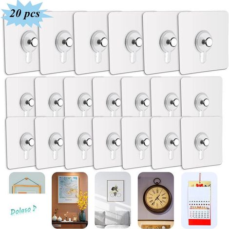 Confezione da 20 ganci adesivi trasparenti. Portata da 2 a 5 kg. Installazione senza lasciare tracce su superfici lisce. Per cornici e decorazioni. (1/4)