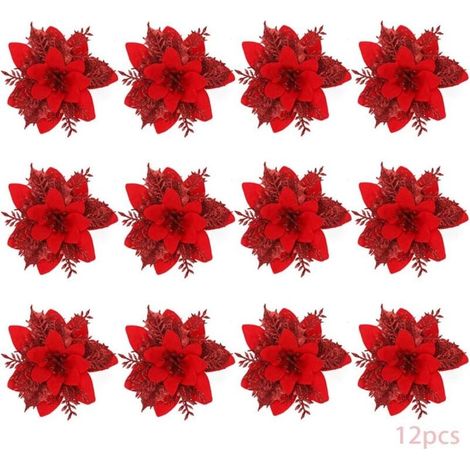 Weihnachtsblumen, 12 Glitzer-Weihnachtsblumen, Hohle Glitzer-Weihnachtsblumen, Poinsettie-Weihnachtsbaum-Kunstblumen-Dekoration, Ornament, Dekoration, Weihnachten (Rot-B) (1/4)