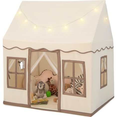 GOPLUS Tente de Jeux pour Enfants Garçons Filles, Maison de Jeux Intérieure avec Étoiles, Tapis Antidérapant, Fenêtres Ventilées, Grand Espace pour 3 Enfants/2 Adultes, Cadeau pour 3 à 10 Ans, Brun