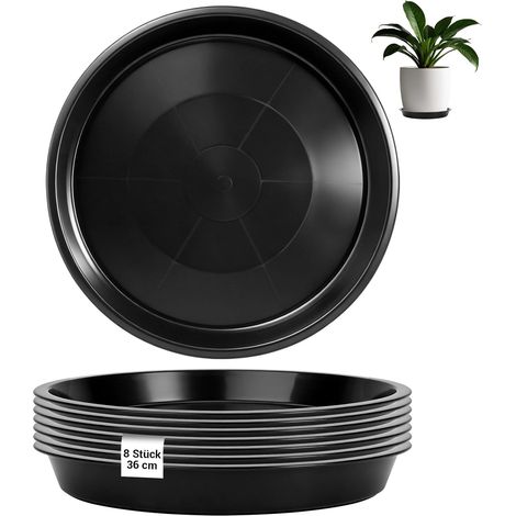 Lot de 8 soucoupes pour pot de fleurs - En plastique - Diamètre : 36 cm - Ronds - Noir - Pour plantes d'intérieur et d'extérieur (1/5)
