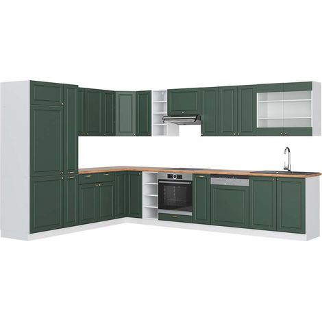 Cuisine en angle Fame-Line, Vert Or Campagne/Blanc, 347 x 257 cm, PT Chêne, Vicco
