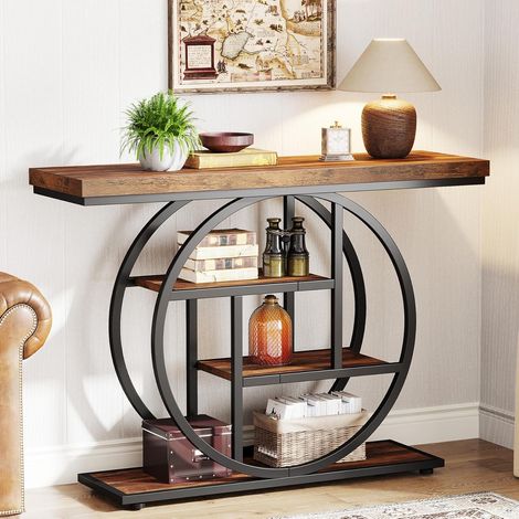 Tribesigns Mesa Consola Industrial de 105cm, Mesa de Entrada de sofá de 4 Niveles con Base Circular, mesas estrechas de Madera con estantes de Almacenamiento para Sala (Marrón (Rustic Brown)) (1/5)
