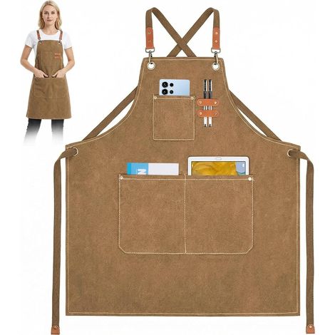 Tablier Cuisine pour Hommes et Femmes Tabliers Toile avec Sangle Reglable et 3 Poches Tabliers de Travail pour Chef Serveur Barbecue Jardin Peinture et Restaurant (Marron) (1/5)