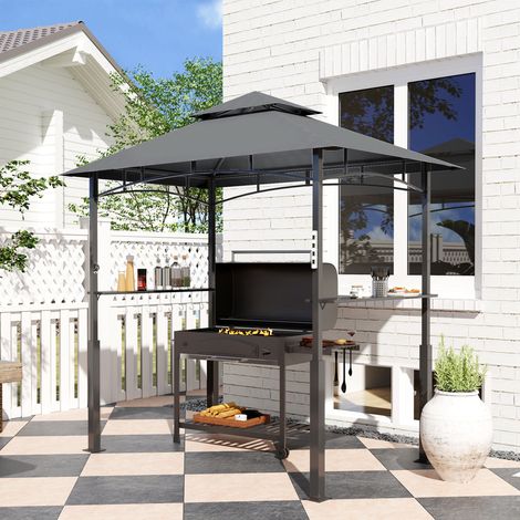 Padiglione per barbecue, tenda da giardino con griglia per spezie, illuminazione a LED, metallo, plastica, 243L x 148W x 248H cm, grigio
