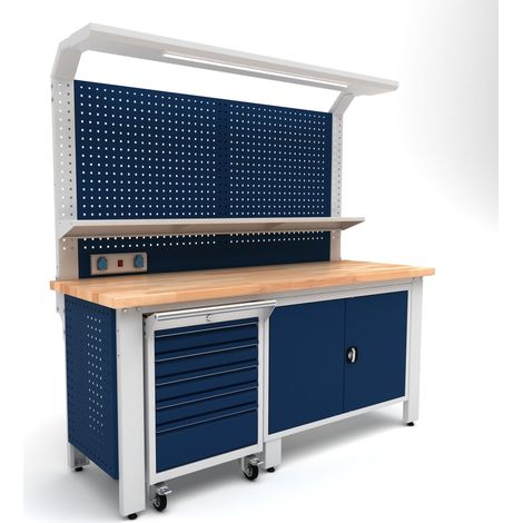 Établi d'atelier industriel 2000 mm PRACO W T51 – Plateau en hêtre massif - Éclairage LED - Tiroirs et armoire MW Tools PRAW2000T51 (1/3)