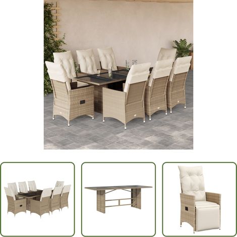 Gartentisch - 9-tlg. Garten-Essgruppe mit Kissen Beige Poly Rattan (1/5)