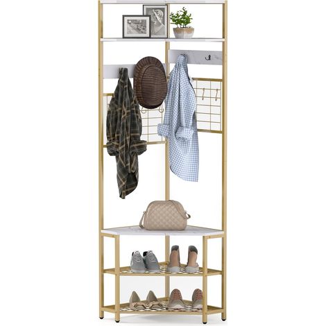 COSTWAY Porte Manteau d'Angle 5 Niveaux, Banc, 8 Crochets, 4 Patères, 2 Panneaux de Grille, Porte-Vêtements en Métal 183 cm, Meuble Entrée d'Angle pour Recoin, Salon, Chambre (Blanc) (1/5)