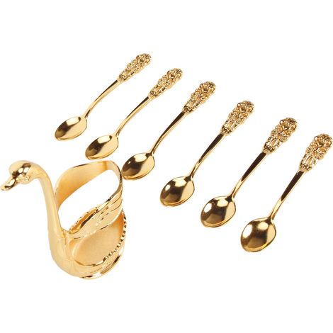 Ensemble de 6 cuillères à café, cuillères en métal finement décorées avec support, idéales pour les desserts, les glaces, les gâteaux, couleur or.