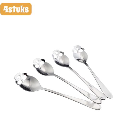 Lot de 4 cuillères en acier inoxydable 304, en forme de crâne. Design unique. Cuillère à café, cuillère à sucre et cuillère à dessert argentée. (1/5)